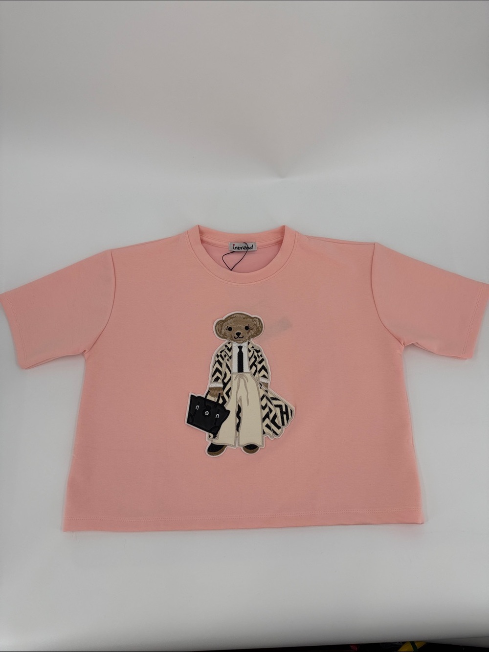 Pink Bear Patch Short Sleeve Cropped Top